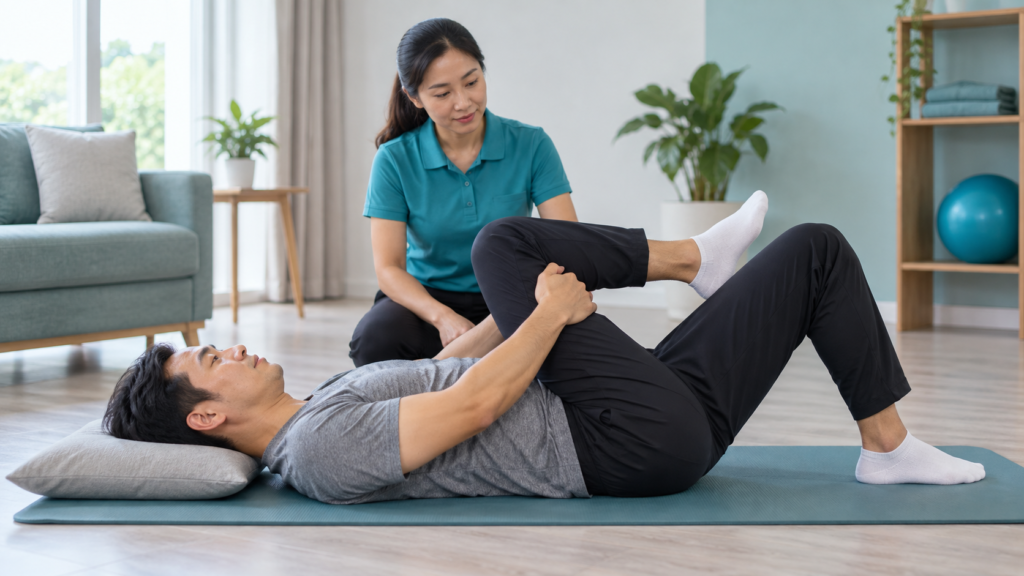 Adult performing a single knee-to-chest stretch