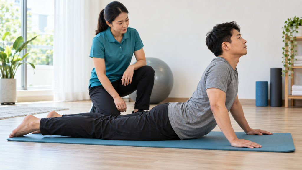 Physiotherapist guiding a prone press-up exercise