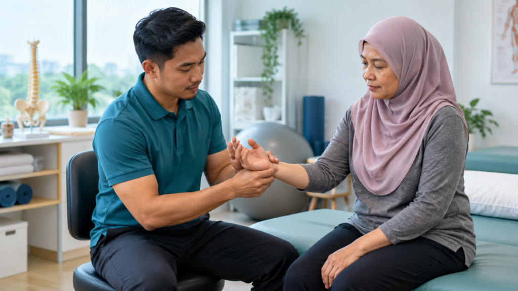 Ahli fisioterapi menilai pergerakan tangan dan pergelangan tangan pesakit