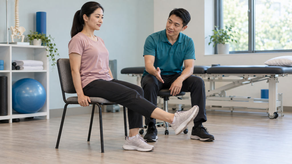 Physiotherapist guiding a seated sciatic nerve exercise