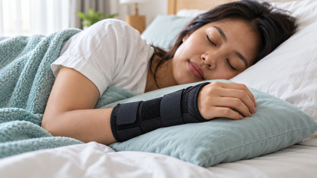 Pergelangan tangan disokong splint dalam posisi neutral semasa tidur